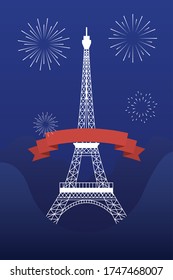 france eiffel tower ribbon and fireworks design, Happy bastille day and french theme Vector illustration