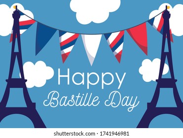 france eiffel towers with banner pennant design, Happy bastille day and french theme Vector illustration