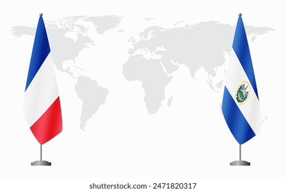 France and El Salvador flags for official meeting against background of world map.