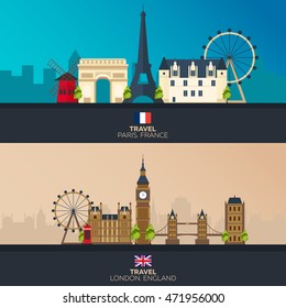 France and England. Tourism. Travelling illustration Paris city and London. Modern flat design. Paris skyline. London skyline. Set travel illustration
