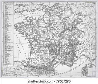 France, engraving vector map from "The Complete encyclopedia of illustrations" containing the original illustrations of The iconographic encyclopedia of science, literature and art, 1851.