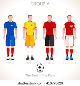 France EURO 2016.Soccer Group A Player Athletes.Vector France 2016 Match. EURO Championship Football Game.Soccer International Match Illustration. Soccer European Cup 2016 Group A Player