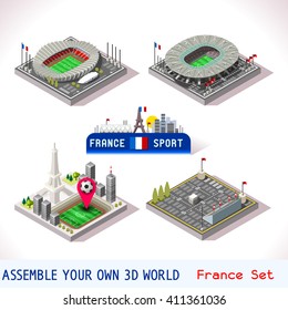 France euro Stadium Soccer arena Icon. Paris Saint Denis Stade.  Flat 3D Vector City Map Isometric Infographic android video Game. Soccer cartoon Building Football Stadium Set Collection Illustration