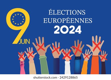 France ÉLECTIONS EUROPÉENNES. European elections 2024 in language French. People raising hands. Cross check marks and European Flag Background with Stars. flat vector illustration.