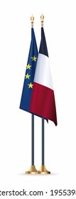 France and European Union flags on flagpoles. Flags on flagstaff with gold knobs. Two flags isolated on white. Vector illustration