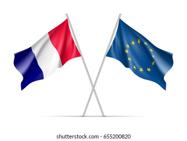 France and European Union waving flags on flagpole. EU sign with twelve gold stars on blue and France national symbol blue, white and red colors. Two flags isolated on white background