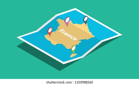 francia explorar mapas con estilo isométrico y etiqueta de ubicación de pines en la ilustración vectorial superior