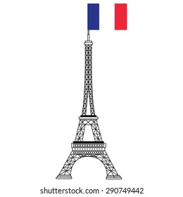 France famous construction eiffel tower with flag of france vector illustration. Outline drawing