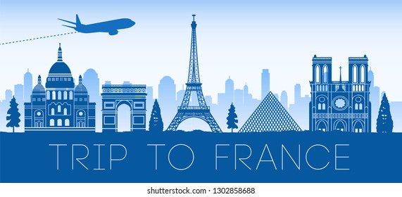 France famous landmark blue silhouette design,vector illustration