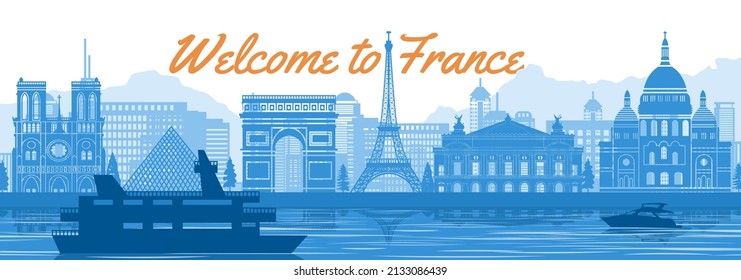 France famous landmark with blue and white color design,vector illustration