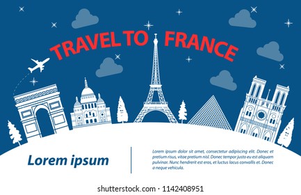 France famous landmark silhouette style on part of white curve travel and tourism,vector illustration