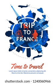 France famous landmark silhouette style around text,national flag color red and blue design,travel and tourism,vector illustration