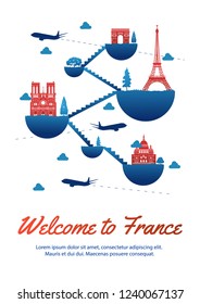 France famous landmark silhouette style on float island connect link with stair,national flag color red and blue design,travel and tourism,vector illustration