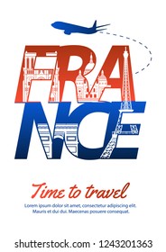France famous landmark silhouette style inside text,national flag color red and blue design,vector illustration
