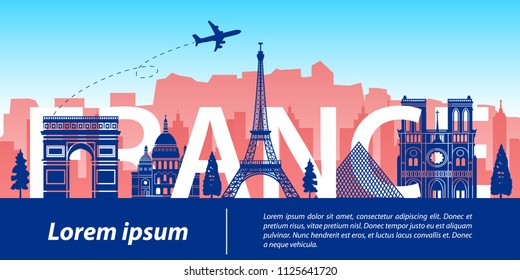 France famous landmark silhouette style,France text within,travel and tourism,vector illustration