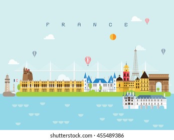 France Famous Landmarks Infographic Templates for Traveling Minimal Style and Icon, Symbol Set Vector Illustration Can be use for Poster Travel book, Postcard, Billboard.