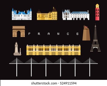 France Famous Landmarks Infographic Templates for Traveling Minimal Style and Icon Set, Symbol Set Vector Illustration Can be use for Poster Travel book, Postcard, Billboard.