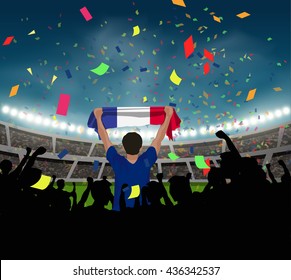 France fan stand up and hand flag among silhouette group to celebrate the team won in the soccer match on the stadium background, with confetti in the night time, design for template in vector format