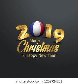 France Flag 2019 Merry Christmas Typography. New Year Abstract Celebration background