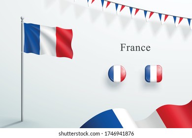 France Flag 3d Elements Waving Flagpole Bunting Buttons