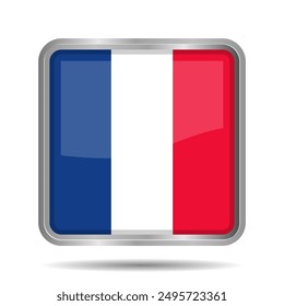 France Flag 3D Glossy Vector Illustration, Rectangular or Square Shape, Scalable EPS File. Square France flag button with elegant silver frame, premium and shiny.