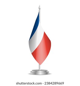 France flag - 3D mini flag hanging on desktop flagpole. Usable for summit or conference presentaiton. Vector illustration with shading.