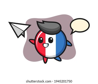 France flag badge cartoon character throwing paper airplane