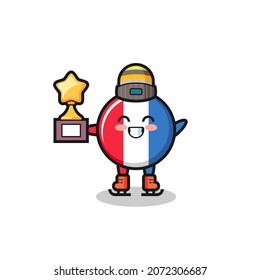 france flag badge cartoon as an ice skating player hold winner trophy , cute style design for t shirt, sticker, logo element