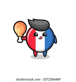 france flag badge cute mascot is eating a fried chicken , cute style design for t shirt, sticker, logo element