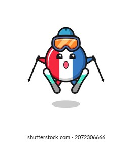 france flag badge mascot character as a ski player , cute style design for t shirt, sticker, logo element