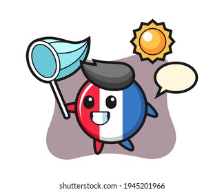 France flag badge mascot illustration is catching butterfly