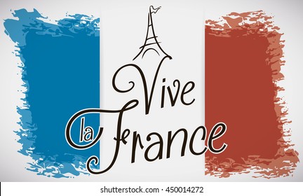 France flag in brushstroke design with greeting message (text in French) and little Eiffel Tower in the top of the greeting text.