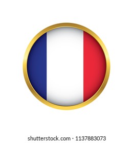 France flag button, Golden on a white background,flag of France Round badge or icon isolated. Vector illustration.