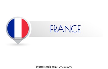 France flag. Circle flag button in the map marker shape. French country icon, badge or banner. Vector illustration.