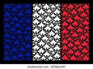 France Flag collage organized of component design elements. Vector component design elements are organized into geometric France flag illustration on a black background.