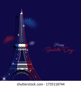 France Flag Color Eiffel Tower Monument with Fireworks on Purple Background for Happy Bastille Day Celebration Concept.