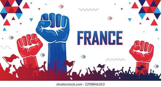 France flag color, independence day banner abstract background, raised fist, protest or rally, human hands, cheering people with flags, copy space for text, blue and red geometric design