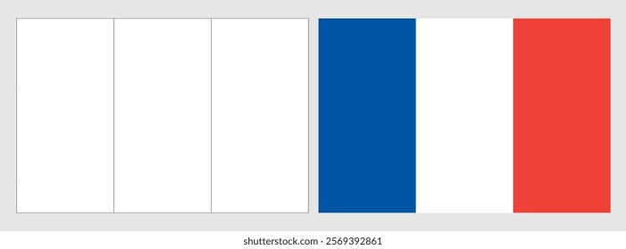 France flag - coloring page. Set of white wireframe thin black outline flag and original colored flag.