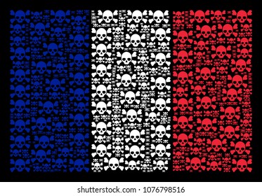France Flag composition combined of skull crossbones pictograms. Vector skull crossbones items are organized into conceptual France flag illustration on a black background.
