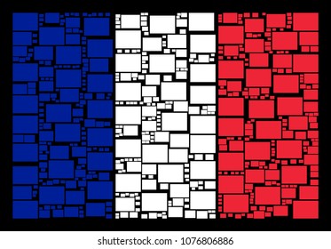 France Flag composition designed of filled rectange elements. Vector filled rectange items are united into mosaic French flag composition on a black background.