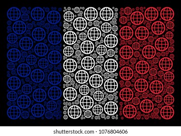 France Flag concept designed of globe elements. Vector globe design elements are united into conceptual French flag illustration on a black background.