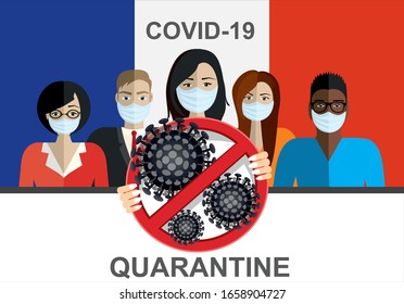 France flag and Coronavirus 2019-nCoV stop sign. Dangerous chinese ncov corona virus Covid-19, SARS pandemic risk alert