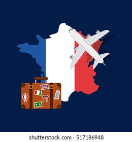 france flag in country shape with airplane and suitcase icons over blue background. colorful design. vector illustration