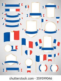 France flag decoration elements. Banners, labels, ribbons, icons, badges and other templates for design 