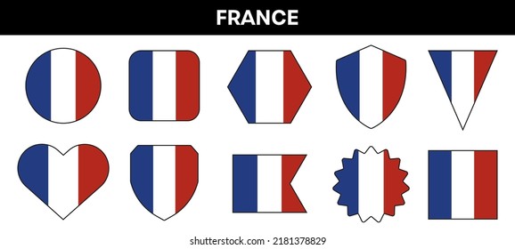 France flag in different shapes. France colors emblem set.