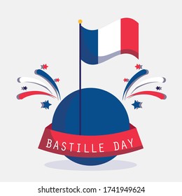 france flag and fireworks with ribbon design, Happy bastille day and french theme Vector illustration