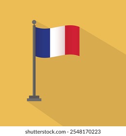 Bandeira da França com ícone de mastro plano com sombra longa. Ilustração plana vetorial.