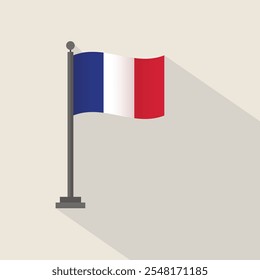 Bandera de Francia con icono plano de asta de bandera con sombra larga. Ilustración plana de Vector.