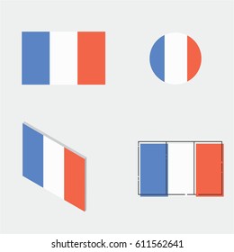 France flag with flat design, circle design, isometric design and line design