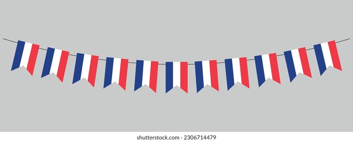 France flag garland, pennants on a rope for party, carnival, festival, celebration, National Day of France, bunting decorative pennants, vector illustration